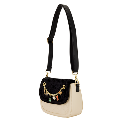Black and beige Loungefly handbag with decorative Aristocats chain on a white background