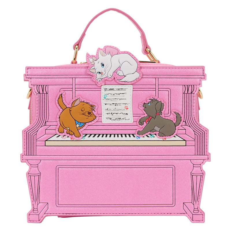 Pink piano-shaped handbag with Aristocats characters on a white background