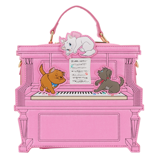 Pink piano-shaped handbag with Aristocats characters on a white background