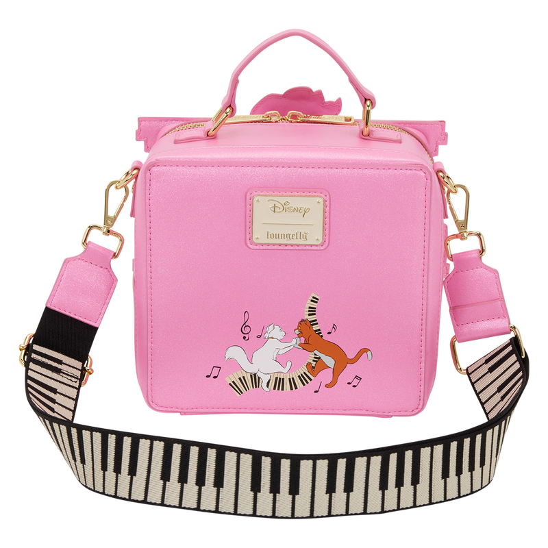 Pink bag with Aristocats characters and a piano strap on a white background