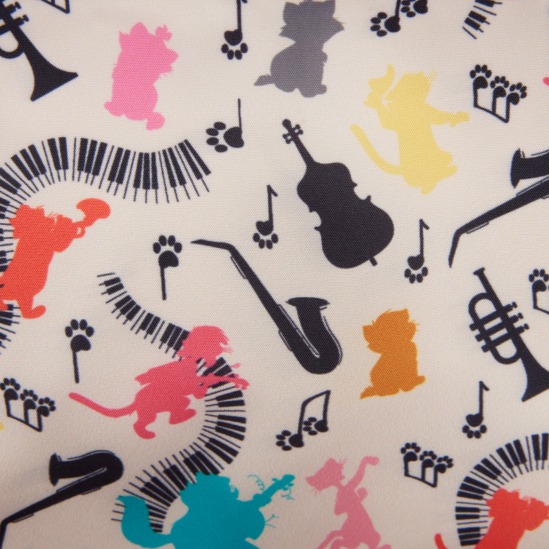 Pattern of musical instruments and animal silhouettes on a beige background