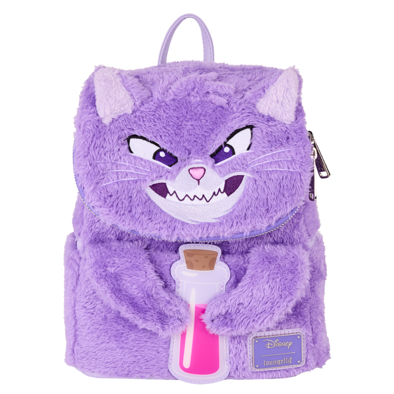 Purple yzma cat plush Loungefly backpack with cartoon face and poison bottle design on a white background