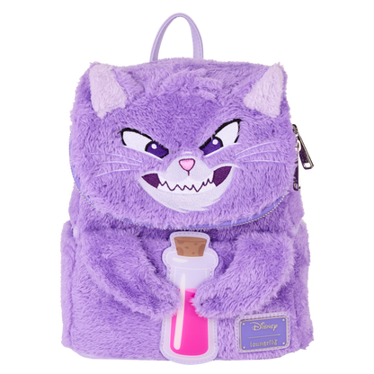 Purple yzma cat plush Loungefly backpack with cartoon face and poison bottle design on a white background