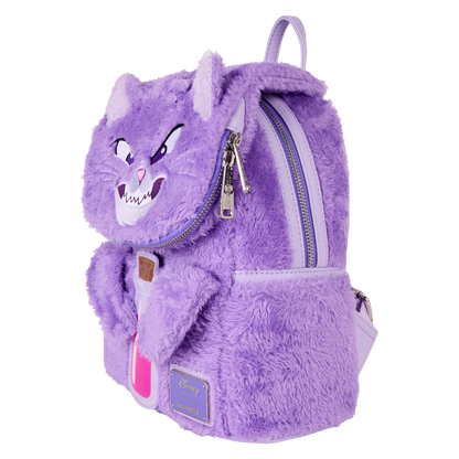Purple Yzma cat plush Loungefly backpack with poison bottle on a white background