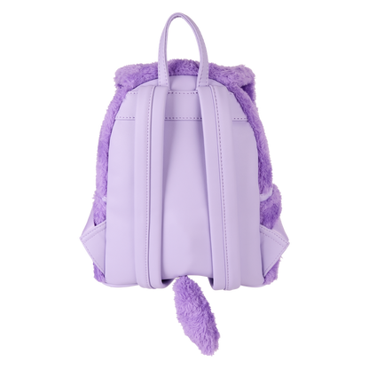 Purple Loungefly backpack with plush accents on a white background