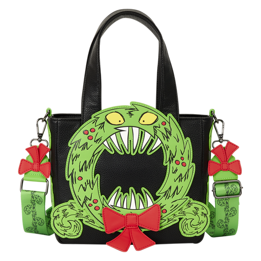 THE NIGHTMARE BEFORE CHRISTMAS MAN-EATING WREATH GLOW LOUNGEFLY MINI TOTE CROSSBODY BAG