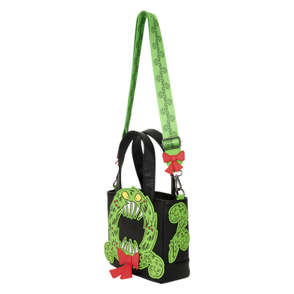 THE NIGHTMARE BEFORE CHRISTMAS MAN-EATING WREATH GLOW LOUNGEFLY MINI TOTE CROSSBODY BAG
