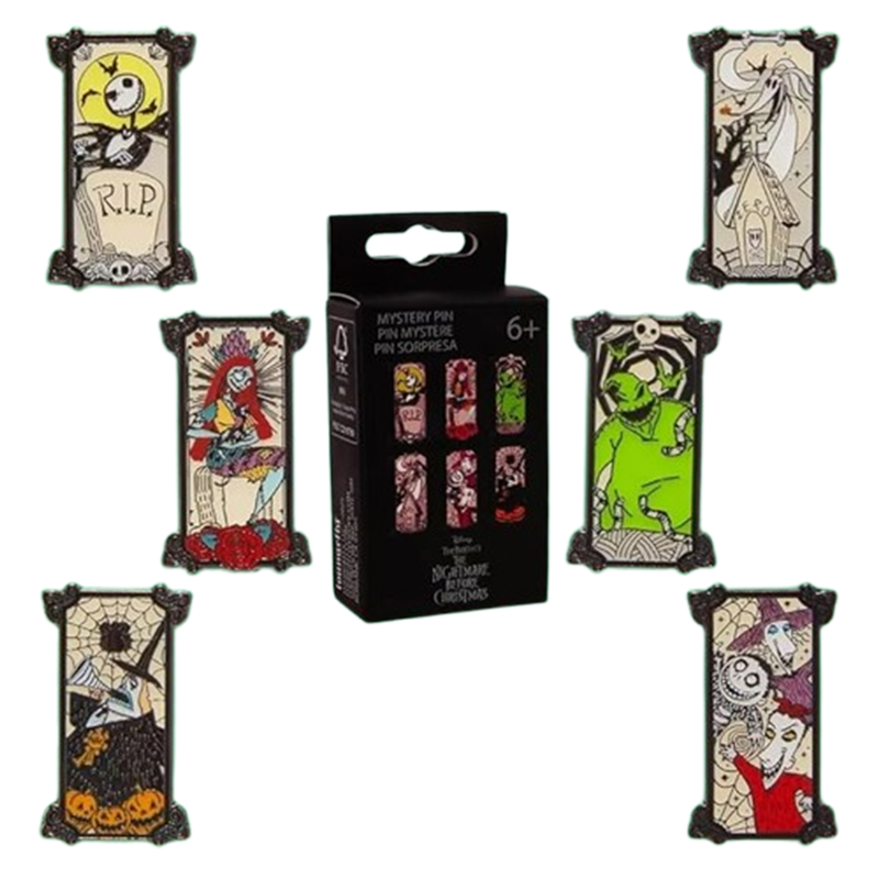 Set of nightmare before christmas themed Loungefly pins with a packaging box labeled 'Mystery Pin' on a white background. Featuring zero, oogie boogie, sally, jack, the mayor, lock, shock and barrel