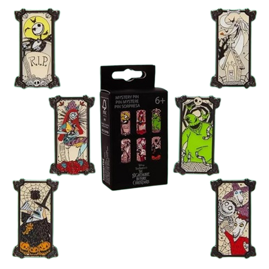 Set of nightmare before christmas themed Loungefly pins with a packaging box labeled 'Mystery Pin' on a white background. Featuring zero, oogie boogie, sally, jack, the mayor, lock, shock and barrel