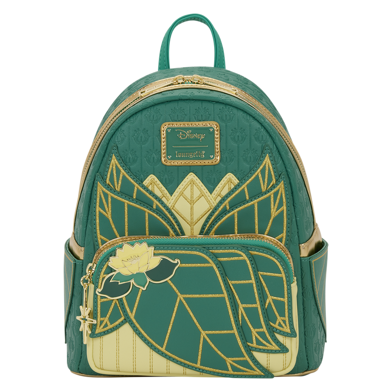 Princess and the Frog Tiana Cosplay Loungefly backpack Green and gold backpack with decorative patterns on a white background