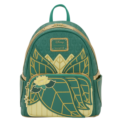 Princess and the Frog Tiana Cosplay Loungefly backpack Green and gold backpack with decorative patterns on a white background