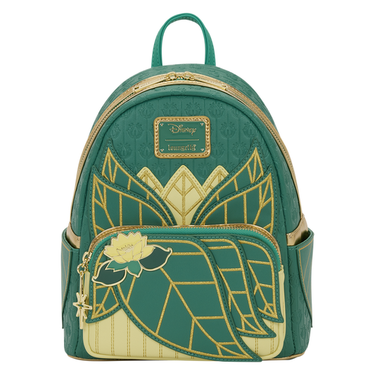 Princess and the Frog Tiana Cosplay Loungefly backpack Green and gold backpack with decorative patterns on a white background