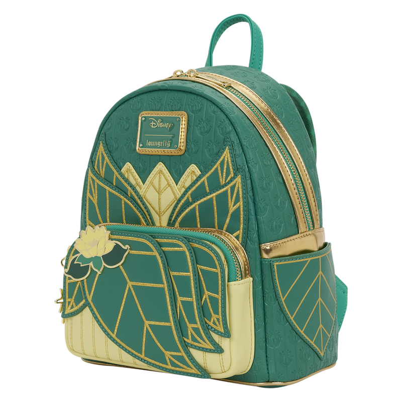Princess Tiana Green Loungefly backpack with gold accents on a white background