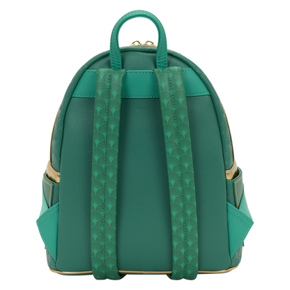 Green backpack with patterned straps on a white background