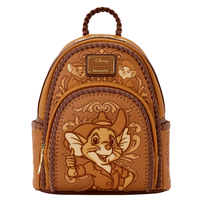 Brown the rescuers loungefly backpack with jake, bernard and miss bianca design on a white background