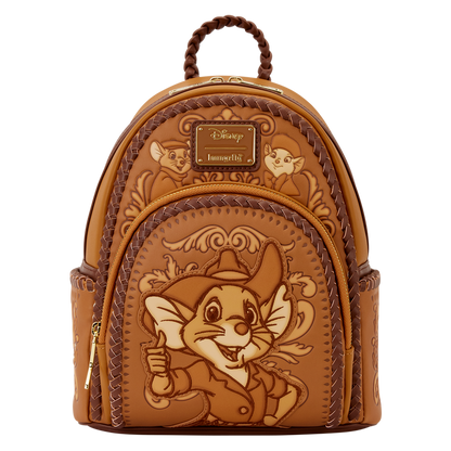 Brown the rescuers loungefly backpack with jake, bernard and miss bianca design on a white background