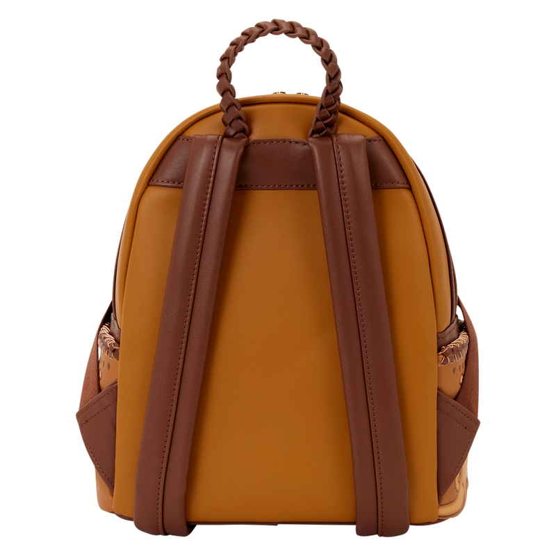 Brown Loungefly backpack with leather straps on a white background