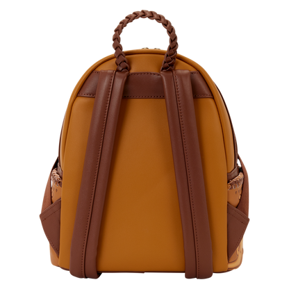 Brown Loungefly backpack with leather straps on a white background