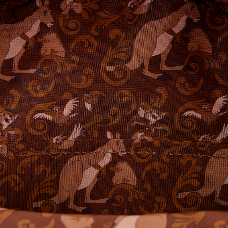Patterned fabric with kangaroo and bird design on a brown background