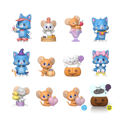 Set of colorful Tom & Jerry (Gokko) figurines with various poses and accessories on a white background