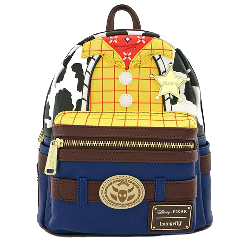 Loungefly backpack designed like Woody from Toy Story with colorful outfit and Disney Pixar logo.