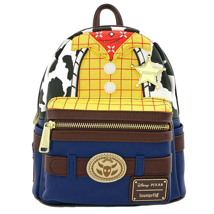 Loungefly backpack designed like Woody from Toy Story with colorful outfit and Disney Pixar logo.