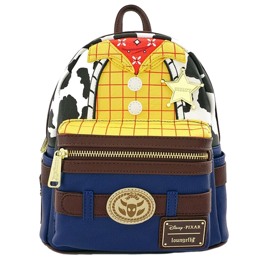 Loungefly backpack designed like Woody from Toy Story with colorful outfit and Disney Pixar logo.