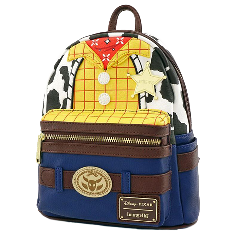 Backpack designed like Woody from Toy Story with colorful patterns and a star detail.