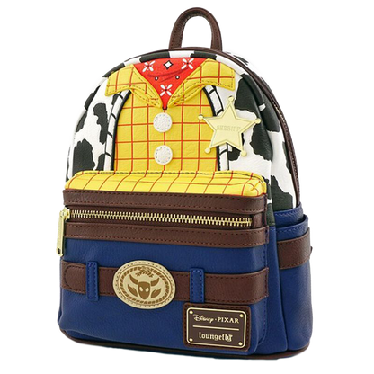 Backpack designed like Woody from Toy Story with colorful patterns and a star detail.