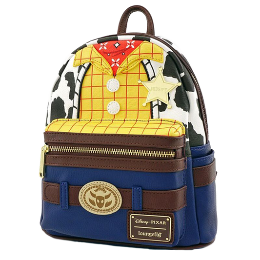 Backpack designed like Woody from Toy Story with colorful patterns and a star detail.