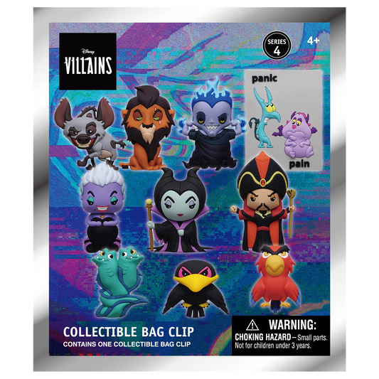 Disney Villains collectible bag charms packaging with character illustrations on a colorful background.