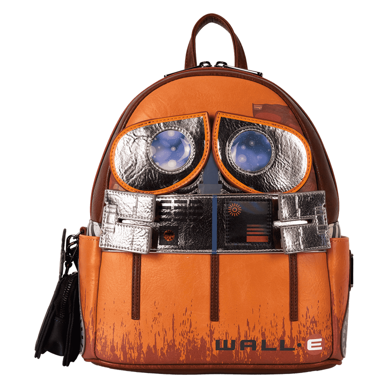 Wall-E Loungefly backpack designed like Wall-E with large eyes and the text 'WALL-E' on a white background