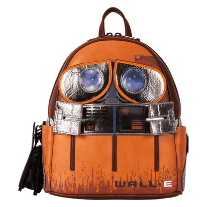 Wall-E Loungefly backpack designed like Wall-E with large eyes and the text 'WALL-E' on a white background