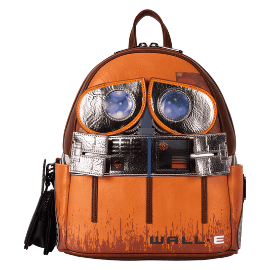 Wall-E Loungefly backpack designed like Wall-E with large eyes and the text 'WALL-E' on a white background