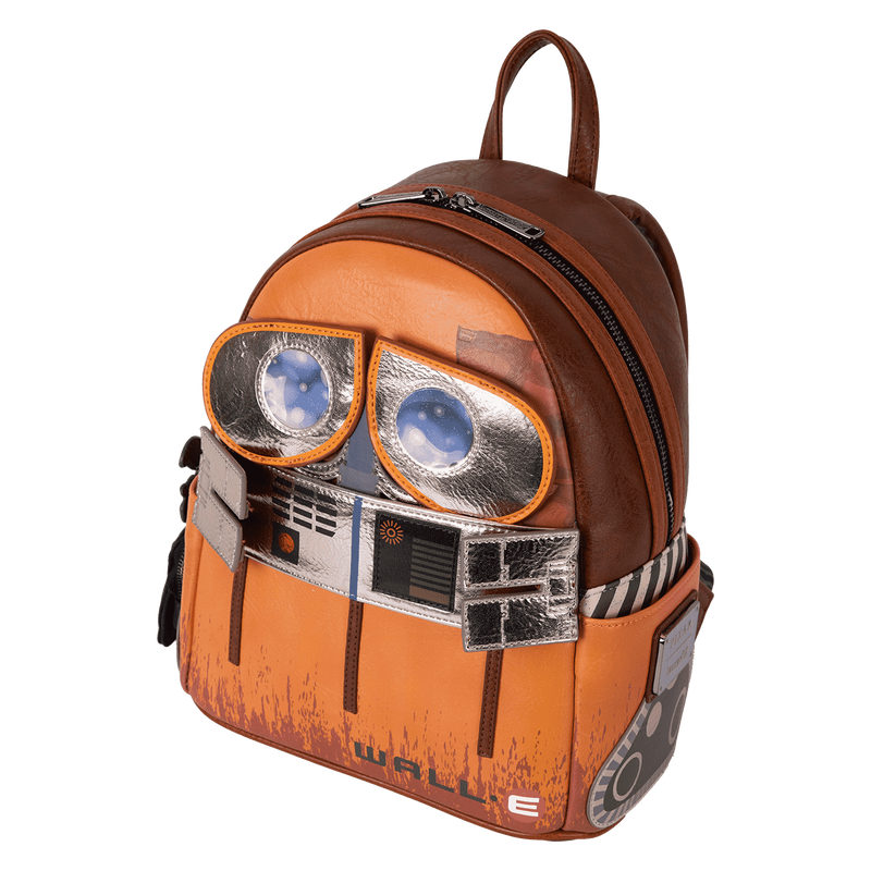 Backpack designed like a character from a movie, Wall-E,  featuring orange and brown colors with a white background.