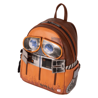 Backpack designed like a character from a movie, Wall-E,  featuring orange and brown colors with a white background.