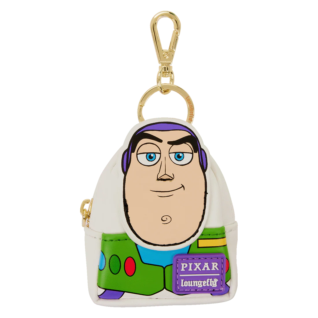 Buzz Lightyear Loungefly bag charm pouch with Pixar logo on a white background