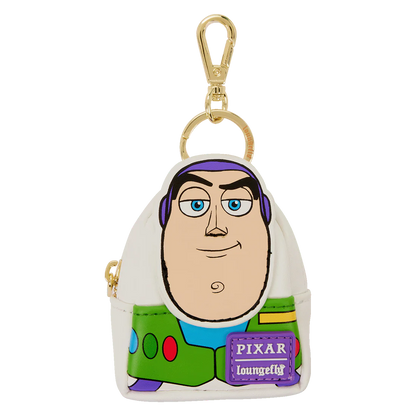 Buzz Lightyear Loungefly bag charm pouch with Pixar logo on a white background