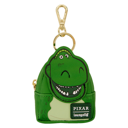 Rex Loungefly bag charm with 'Pixar' and 'Loungefly' branding on a white background