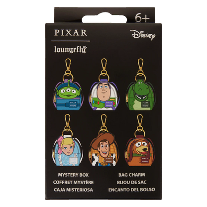 Packaging of Pixar-themed bag charms by Loungefly with characters of Toy Story on a black background.
