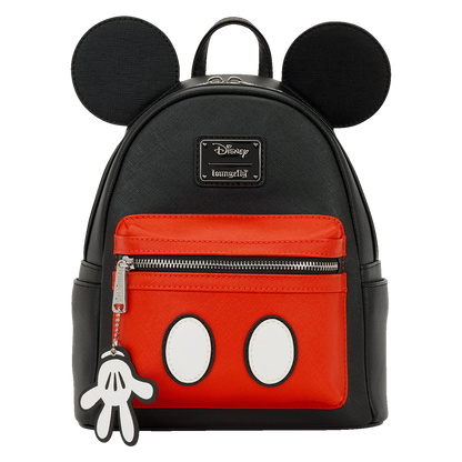 Mickey Mouse cosplay Loungefly backpack with red front pocket and Mickey Mouse ears on a white background