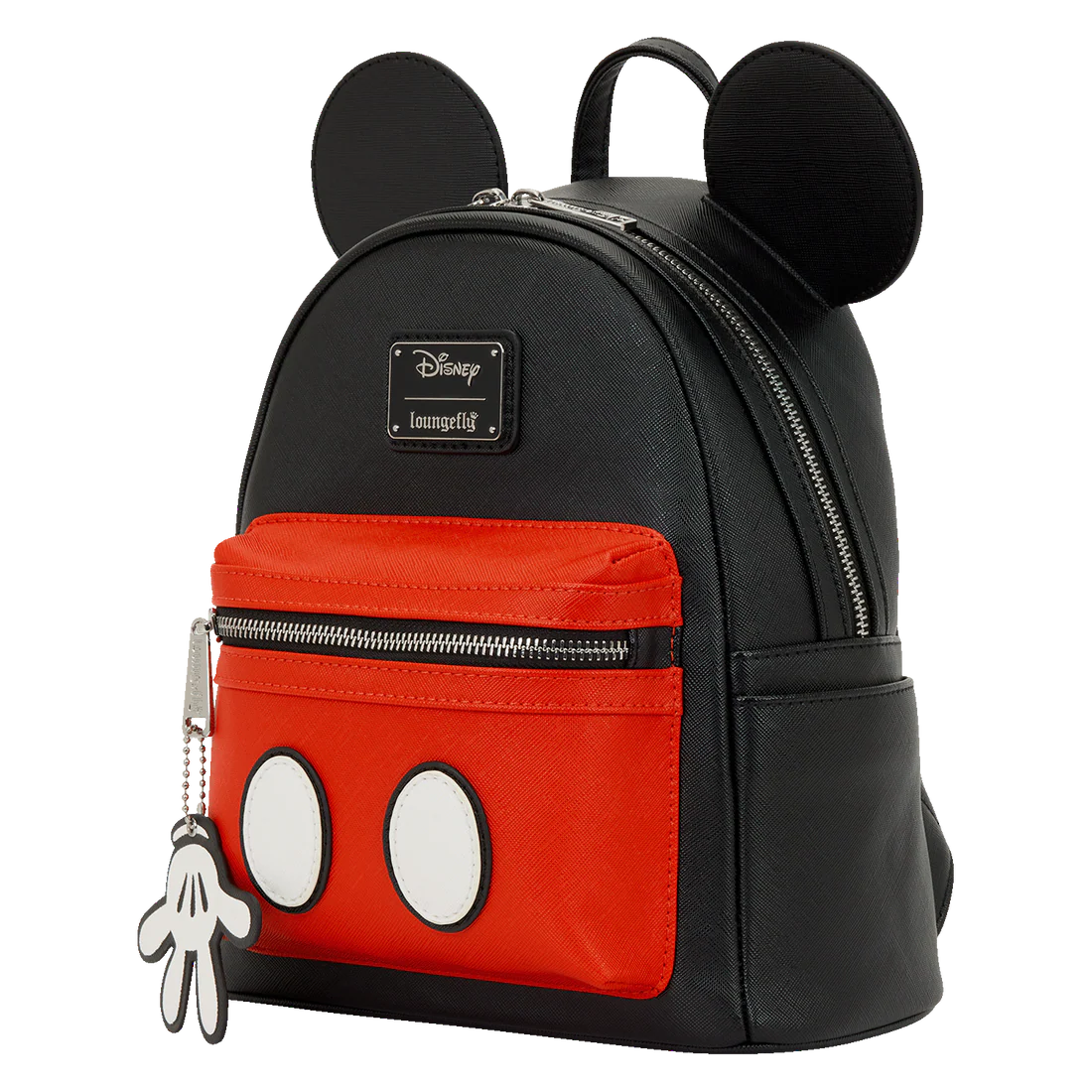 Black and red Loungefly backpack with Mickey Mouse ears and character emblem on a white background