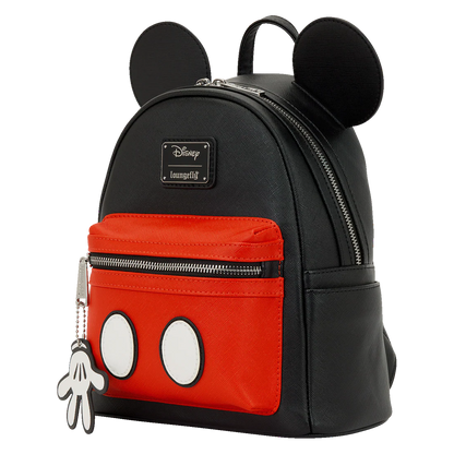 Black and red Loungefly backpack with Mickey Mouse ears and character emblem on a white background