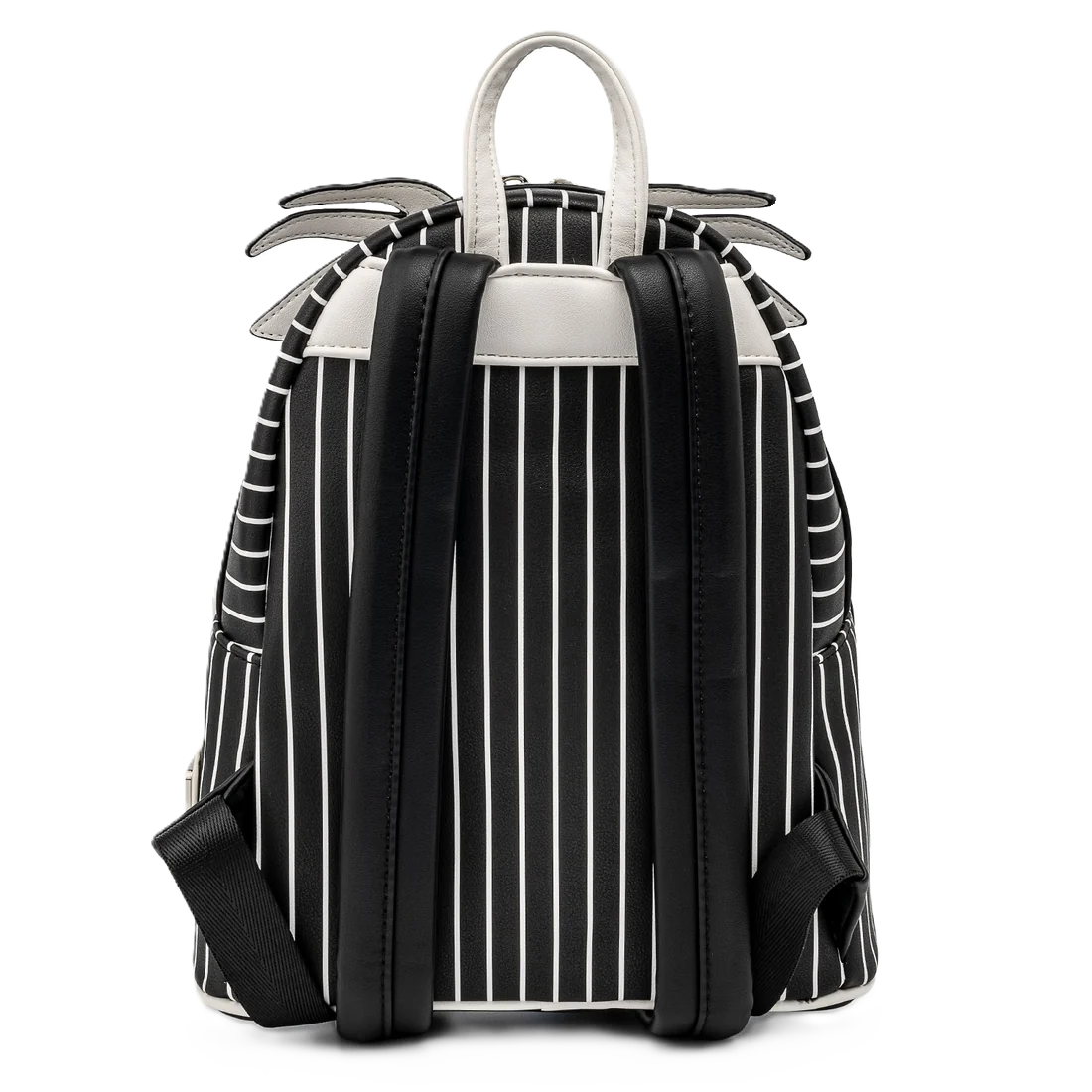 Black and white striped backpack with a white handle on a white background