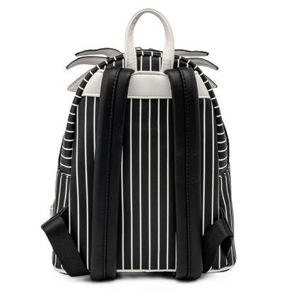 Black and white striped backpack with a white handle on a white background