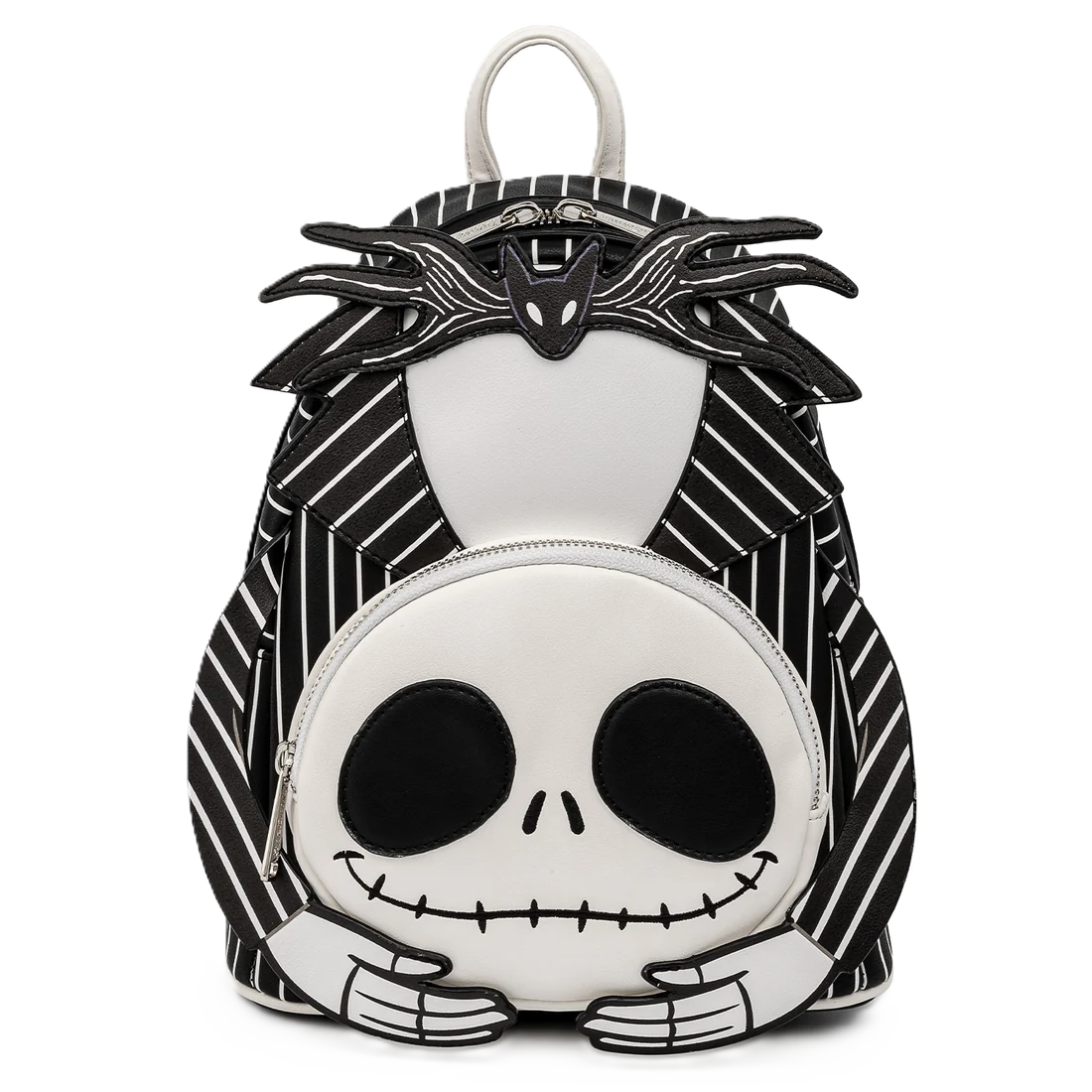 Jack Skellington Black and white striped backpack with a skull design on a white background