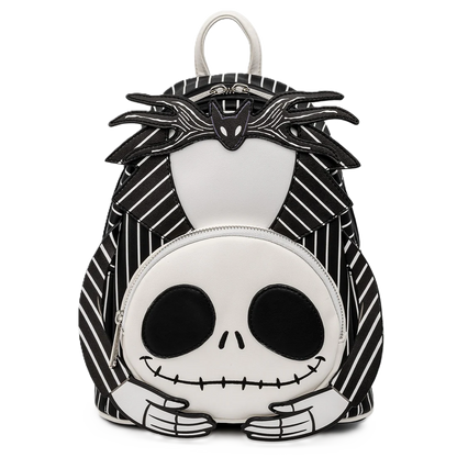 Jack Skellington Black and white striped backpack with a skull design on a white background