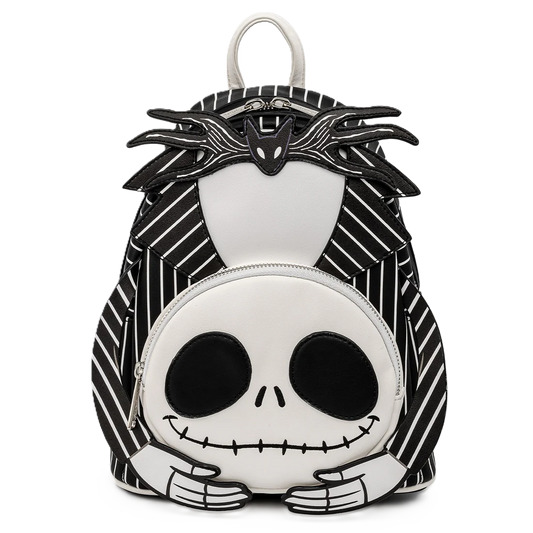 Jack Skellington Black and white striped backpack with a skull design on a white background