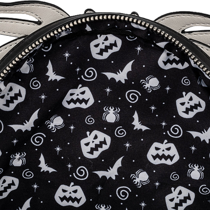 Black bag with white Halloween-themed patterns including pumpkins, bats, and ghosts.