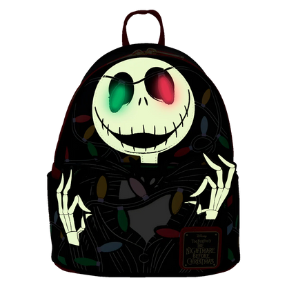 Loungefly backpack with glow in the dark Jack Skellington design from 'The Nightmare Before Christmas' on a white background
